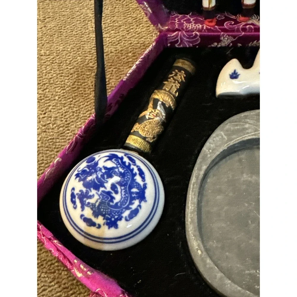 Vintage Chinese Calligraphy Set In Pink Fabric Case (TD)